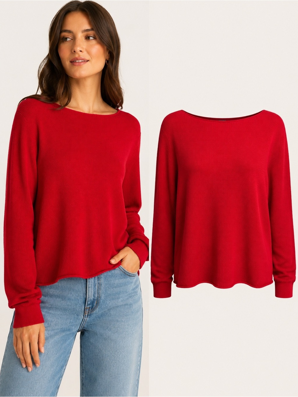 Cyrus | Red Textured Knit Sweater | Boat Neck | Long Sleeve | XL